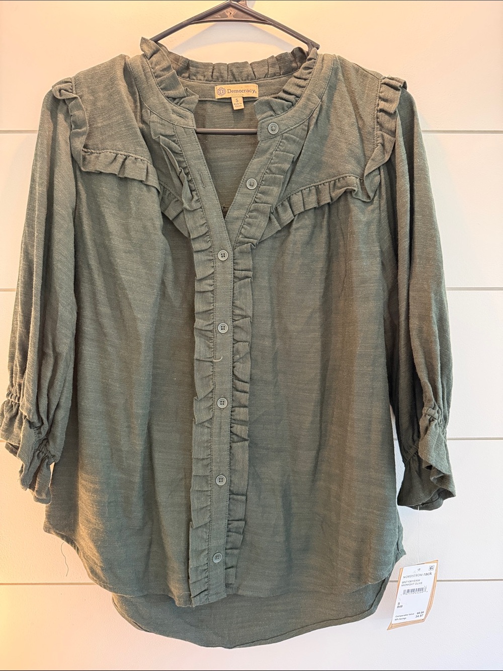 Democracy Sage Green Ruffle-Trim Button Front Blouse
